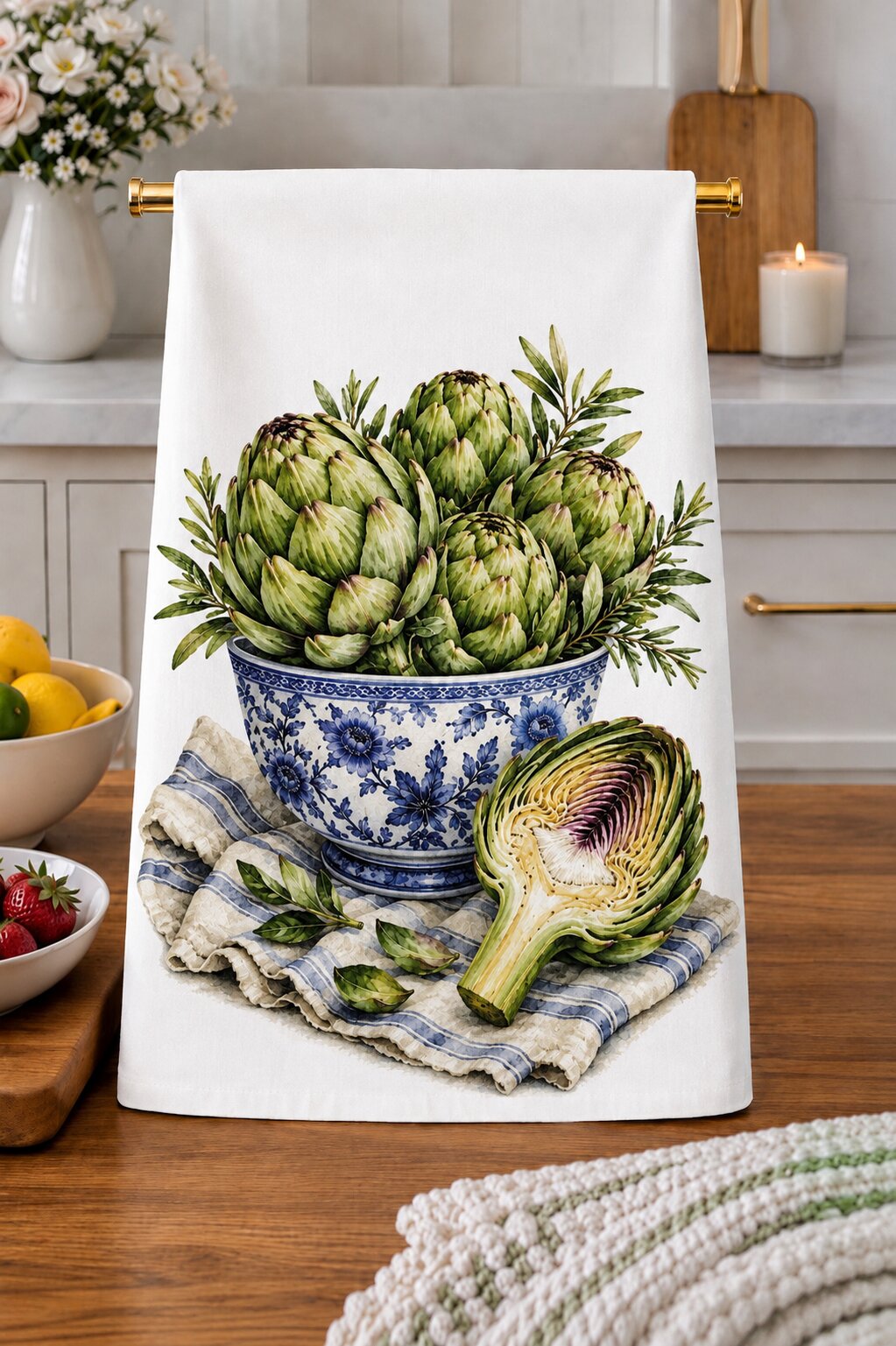 Artichokes in a Blue and White Chinoiserie Bowl Kitchen Towel
