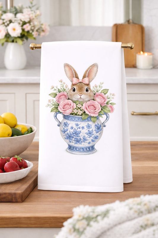 Easter Bunny in Blue Chinoiserie Vase Kitchen Towel