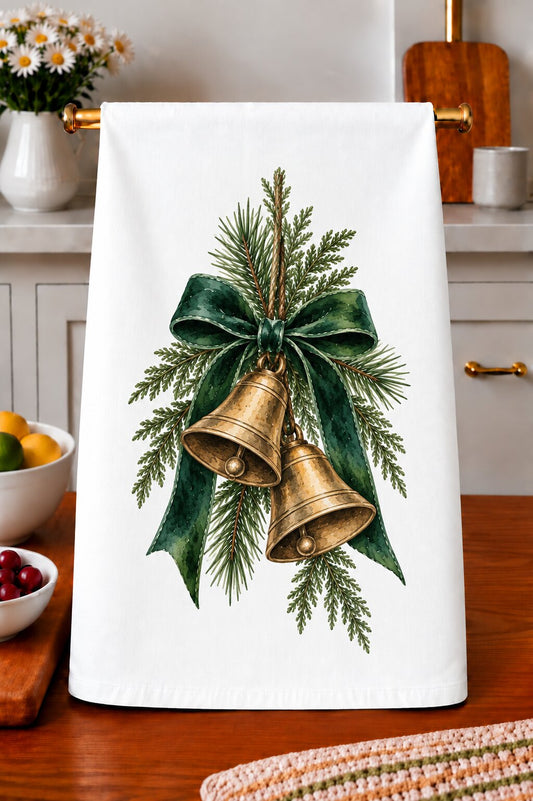 Antique Brass Bells and Evergreen Kitchen Towel