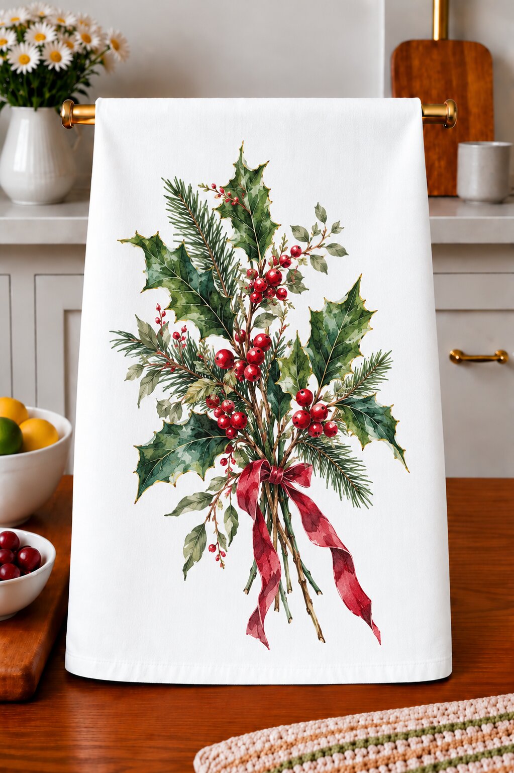 Holly Branch with Berries & Red Bow Kitchen Towel
