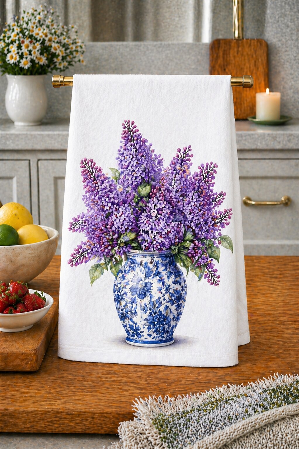 Lilacs in Blue & White Chinoiserie Vase Kitchen Towel