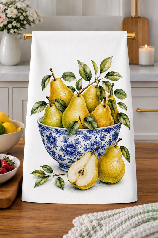 Pears in a Blue and White Chinoiserie Bowl Kitchen Towel