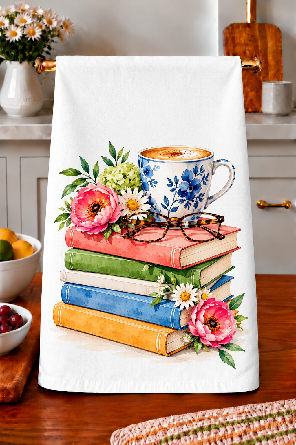 Books, Coffee & Flowers Watercolor Towel
